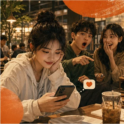 在校園咖啡店等待訊息回覆的大學生