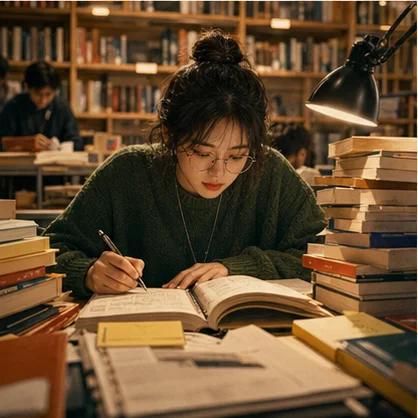 在大學圖書館準備期末考的學生