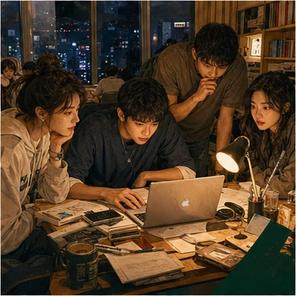 在宿舍熬夜趕報告的大學生小組