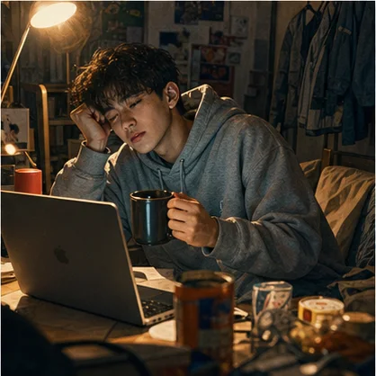 深夜在宿舍抱著咖啡使用電腦的大學生